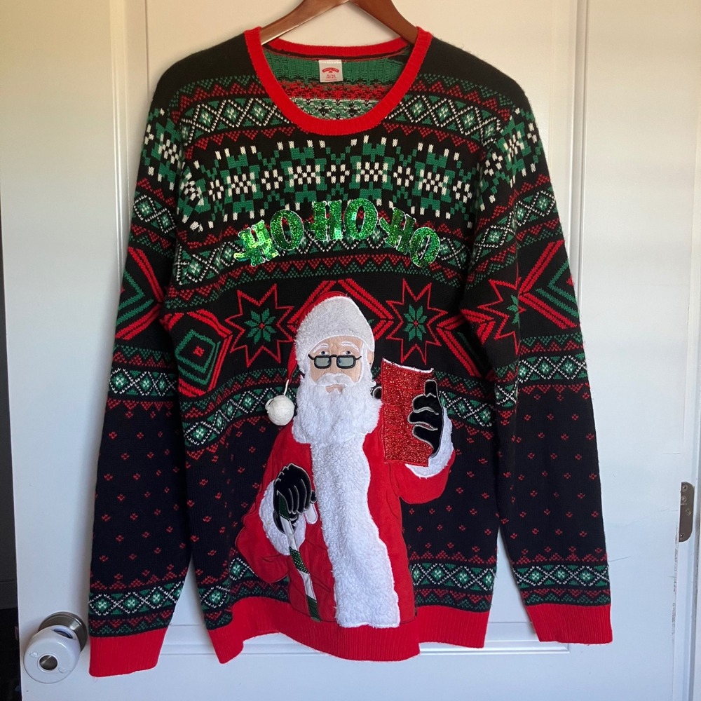 Holiday Time Mens XL Ugly Christmas Sweater Santa Drink Holder Ho Ho Ho Sequin
